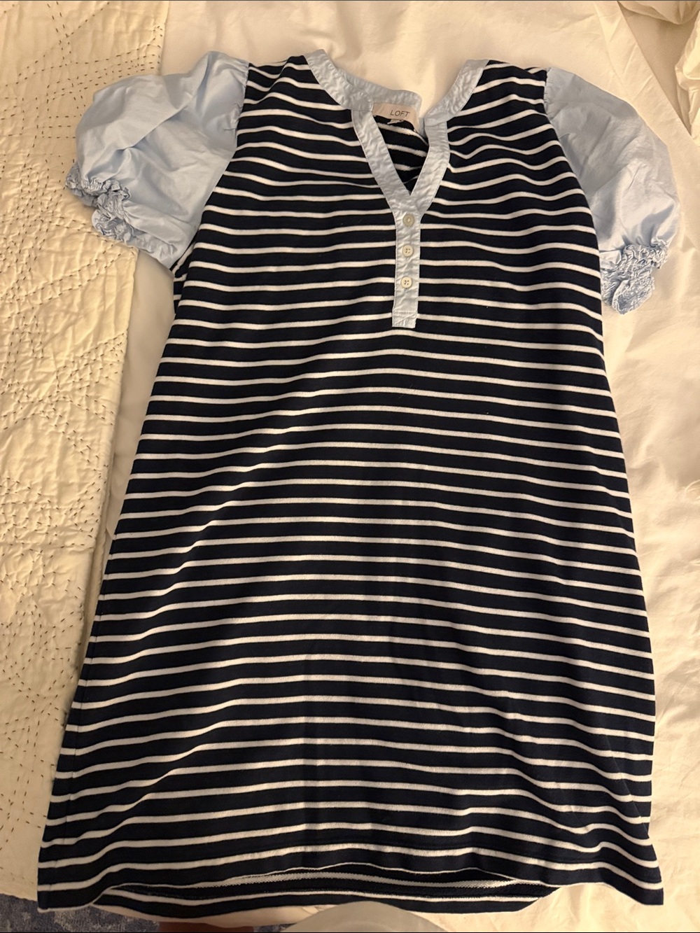 LOFT Navy & Light Blue Striped Puff-Sleeve Knit Dress